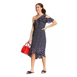 NWT navy and white polka dot one shoulder dress